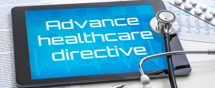 A tablet shows Advance healthcare directive with a stethoscope and pills in florida.