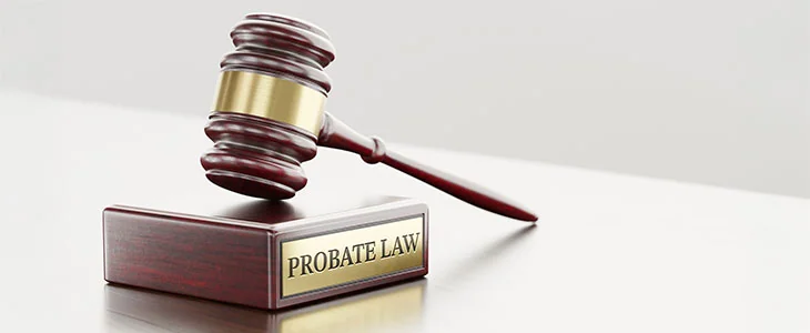 Wooden gavel labeled "Probate Law," representing the probate process in Florida and legal considerations.